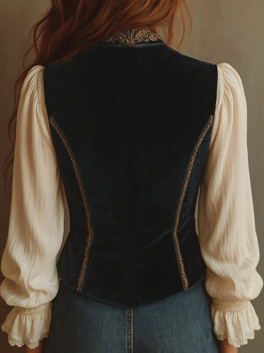 Vintage Baroque Navy Blue Velvet Embroidered Vest