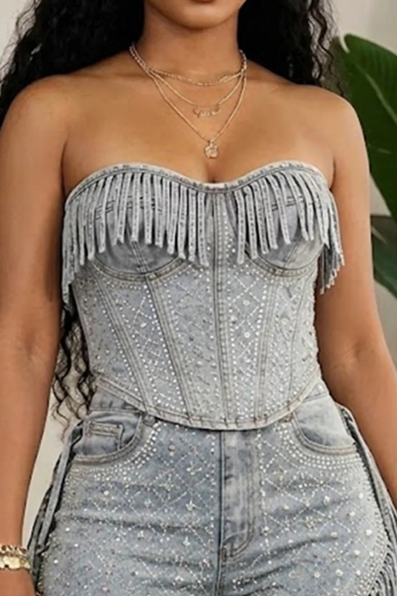 Women's Casual Rhinestone Embellished Strapless Fringed Denim Top Or Fringed Wide Leg Jeans Set