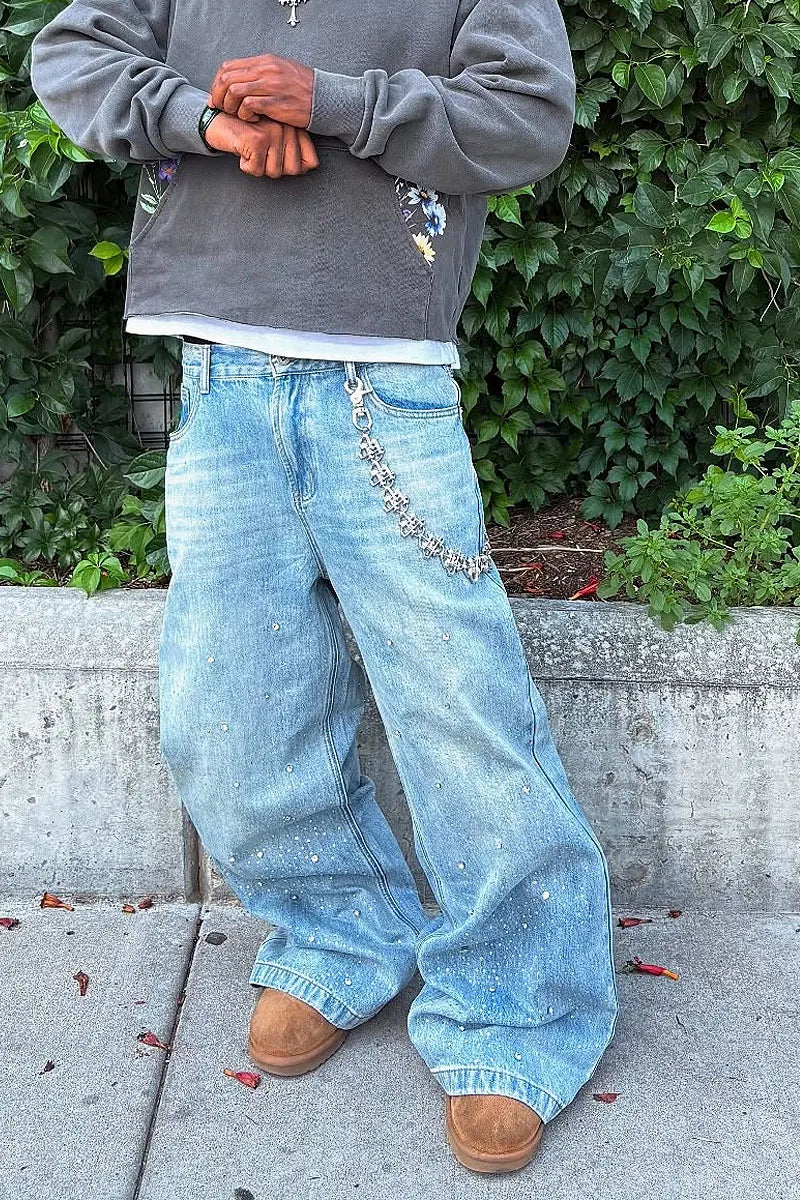 Men's Rhinestone Wide Leg Baggy Jeans