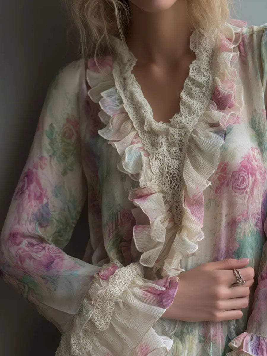 Romantic Vintage Floral Ruffled Chiffon Blouse With Lace Trim