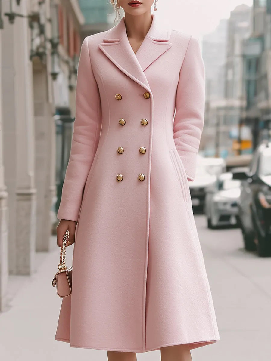 Elegant Double-Breasted Wool Coat In Blush Pink