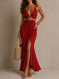 Boho Resort Red Ring Detail Ruched Maxi Dress