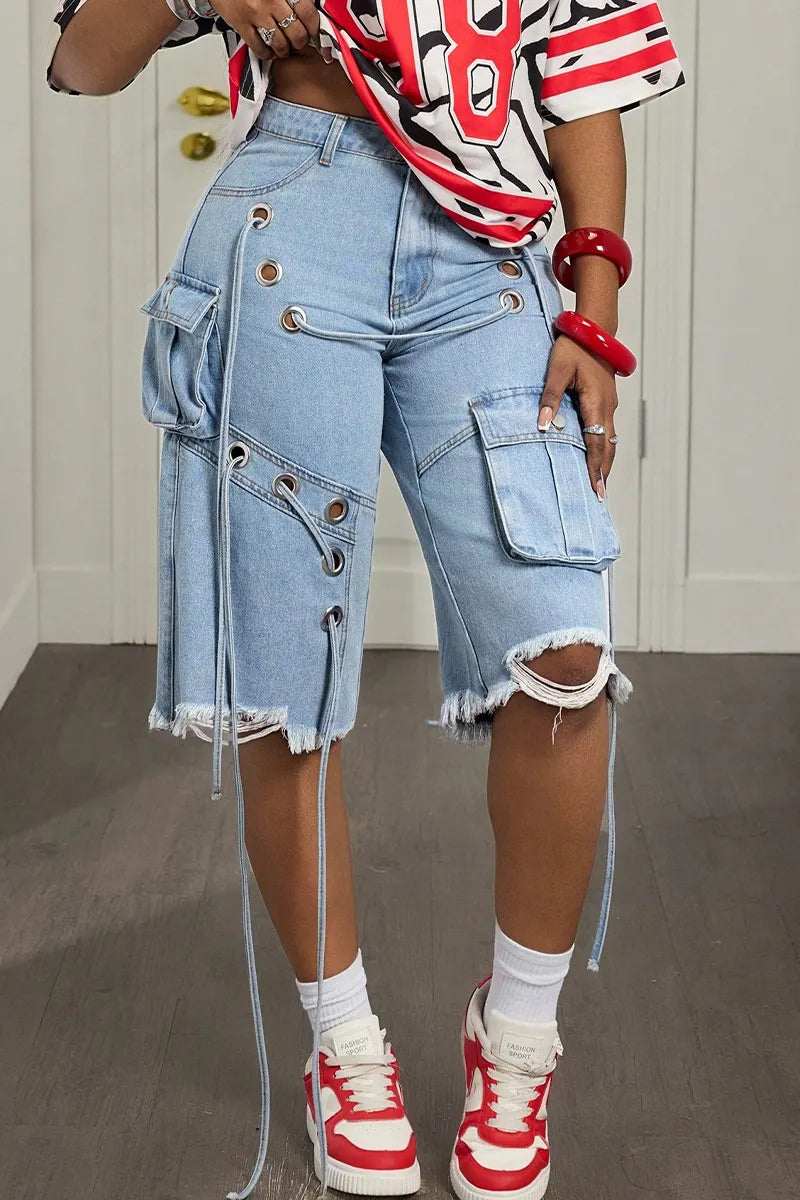 Women's Casual Cutout Cropped Denim Shorts