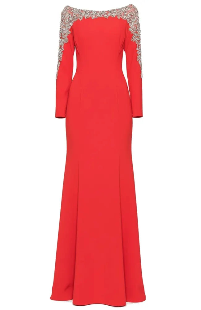 Long Sleeve Crystal Shoulders Maxi Dress Red