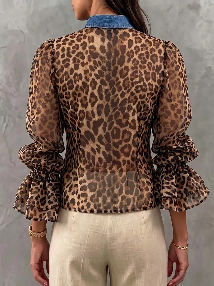 Women's Leopard Print V-neck Long-sleeve Casual Loose Denim Cardigan With Chiffon Panels