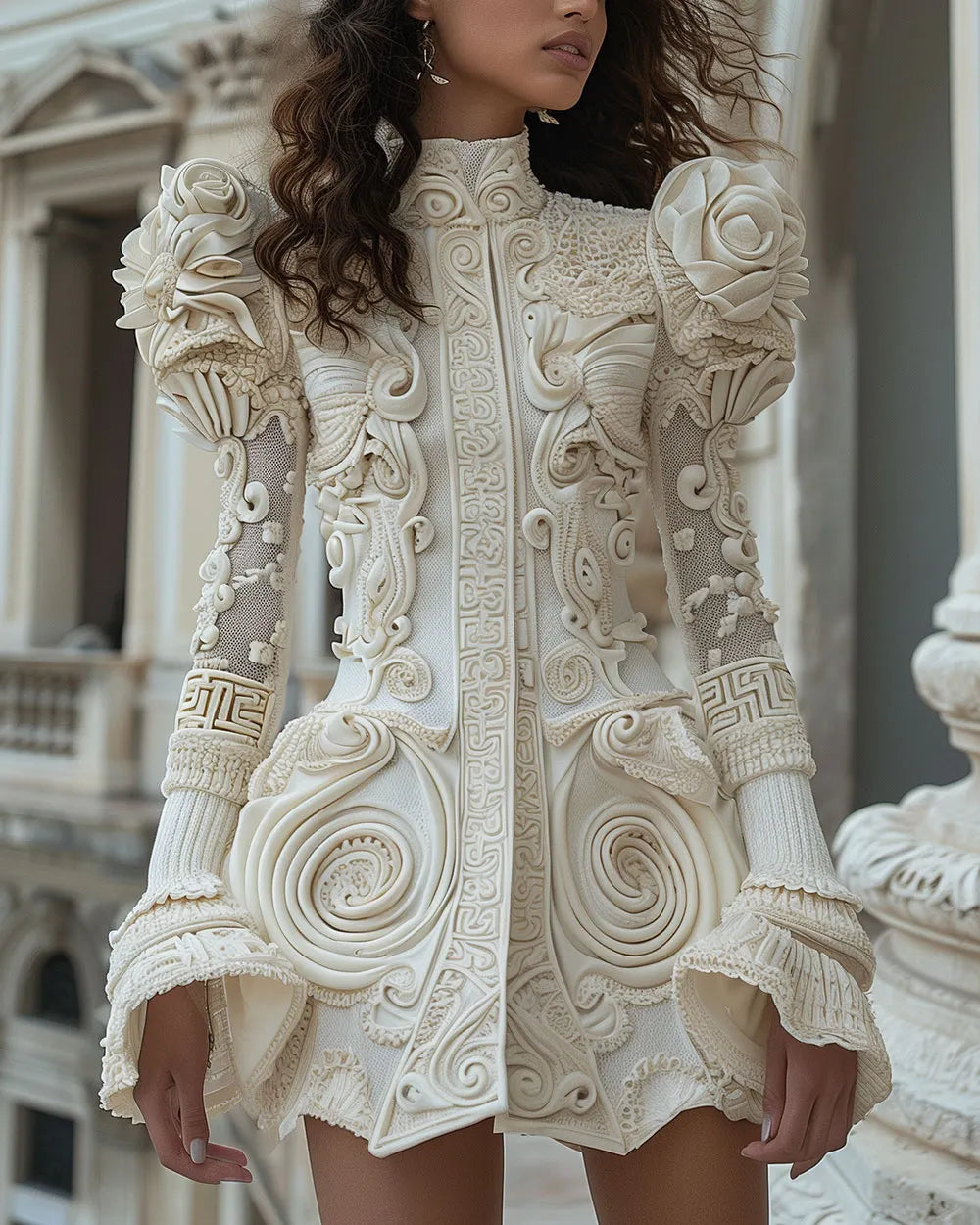 Fashion Turtleneck 3D Embroidery Long Sleeve Mini Dress