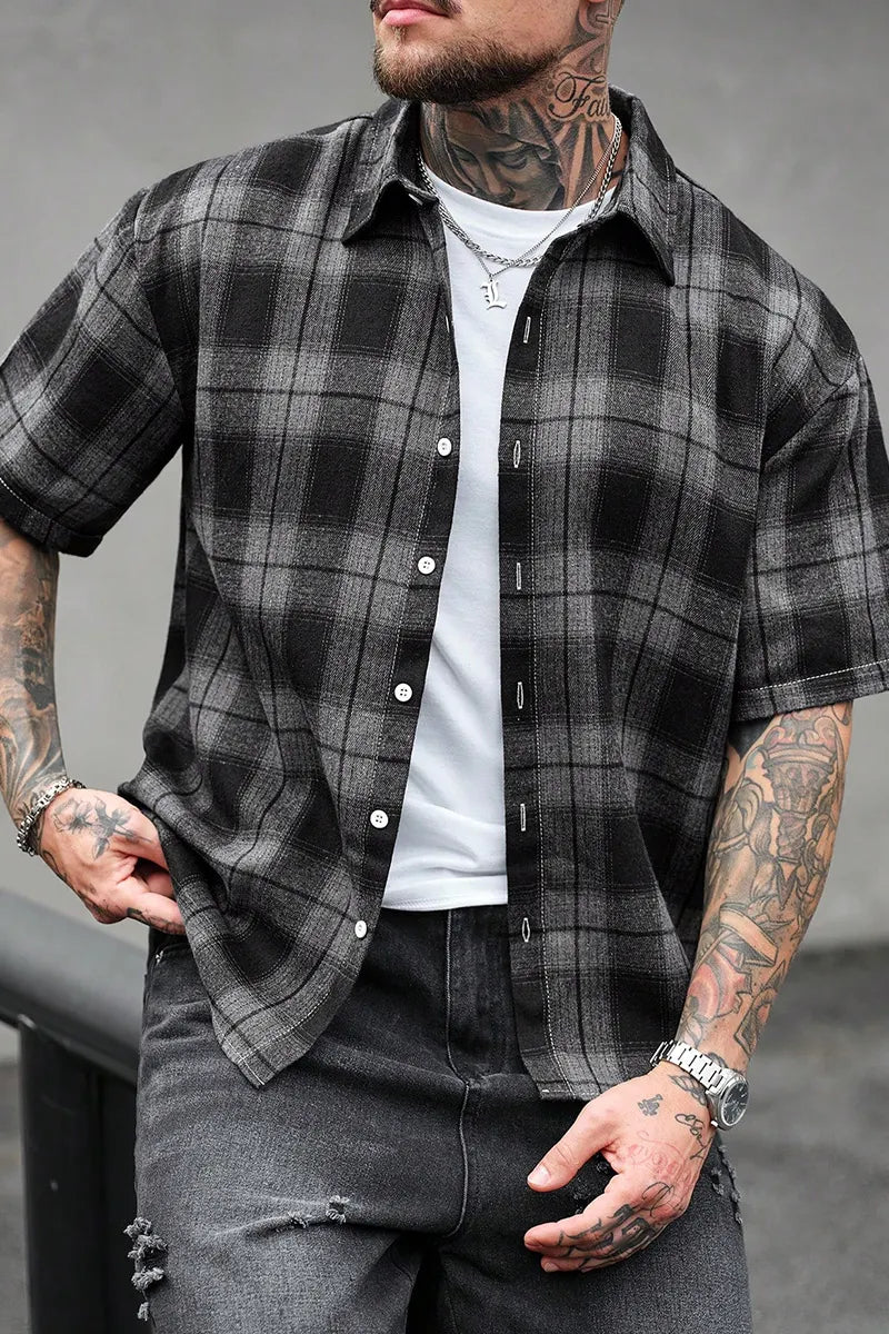 Men's Black Grey Plaid Lapel Short Sleeve Flannel Button Shirt