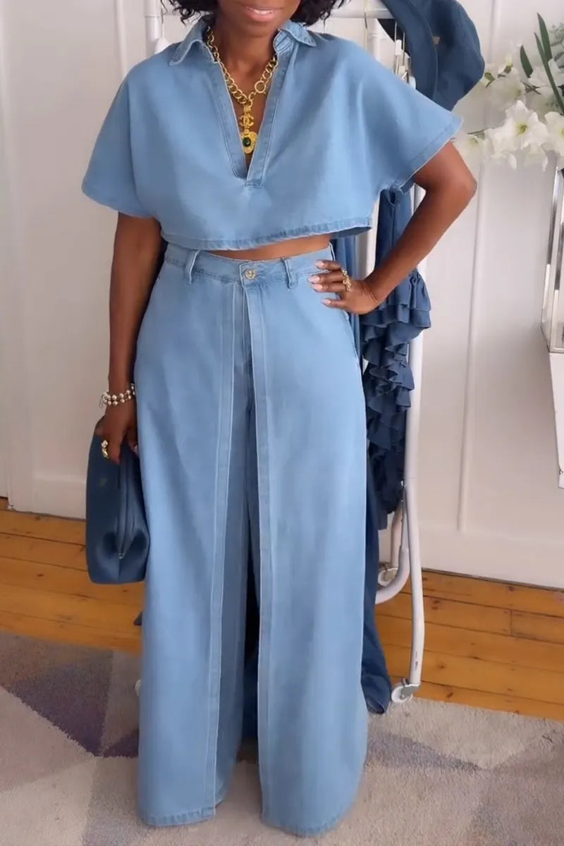 Women's Casual V-Neck Denim Top or Faux Two-piece Jeans