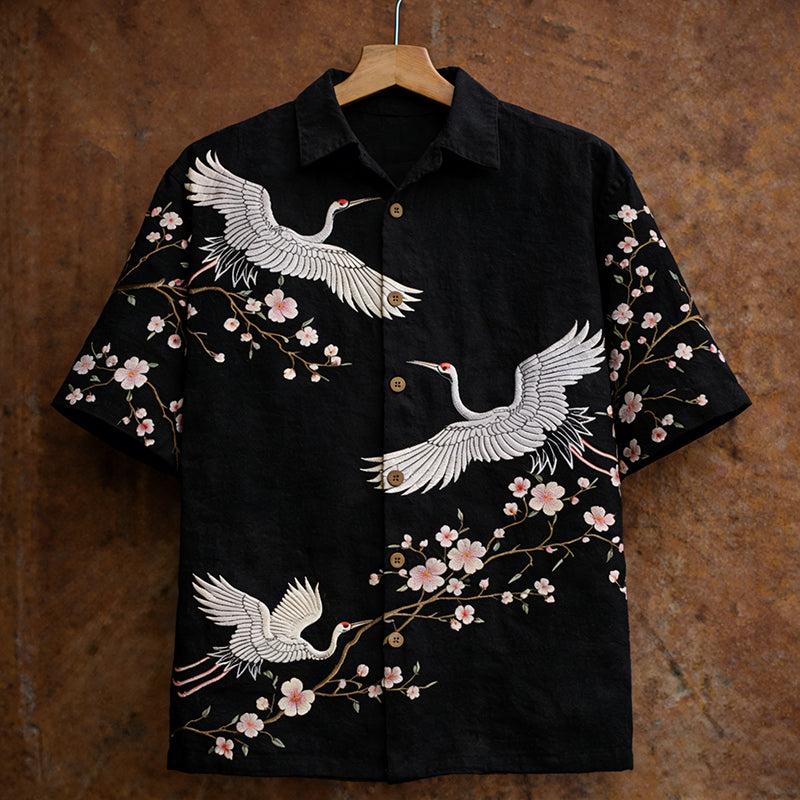 Men's Japanese-style Cherry Blossoms And Cranes Art Linen Short-sleeved Shirt