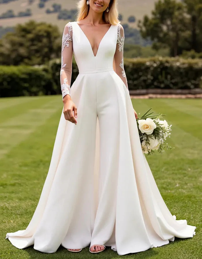 Ivory Deep V-Neck Trailing Lace Wedding Jumpsuit