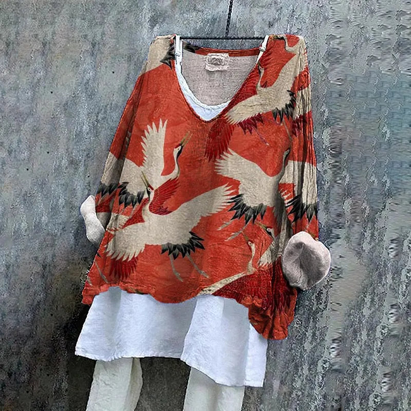 Japanese Art Crane Print V-Neck Loose Blouse