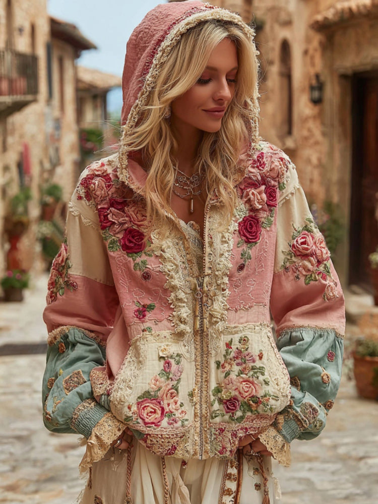 Vintage Floral Embroidery Patchwork Art Cozy Warm Zipper Hoodie