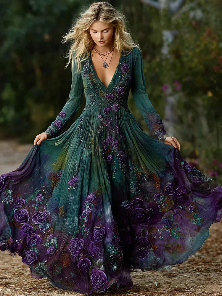 Women's Vintage Purple Rose Art Pattern Gradient Long Sleeve Dress