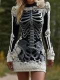 Women's Halloween Skeleton Bones Leather With Rose Pattern Art Hot Sexy Style Cozy Knit Mini Sweater Dress