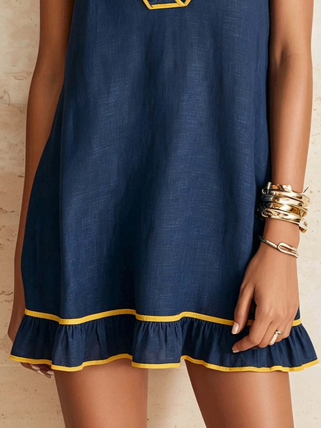 Navy Blue And Yellow Trim Ruffled Loose Mini Dress