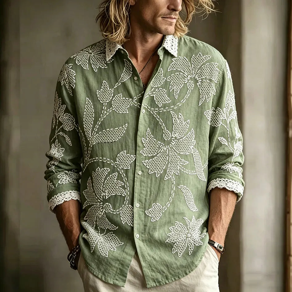 Men's Retro Plant Flower Embroidery Pattern Design Casual Linen Shirt
