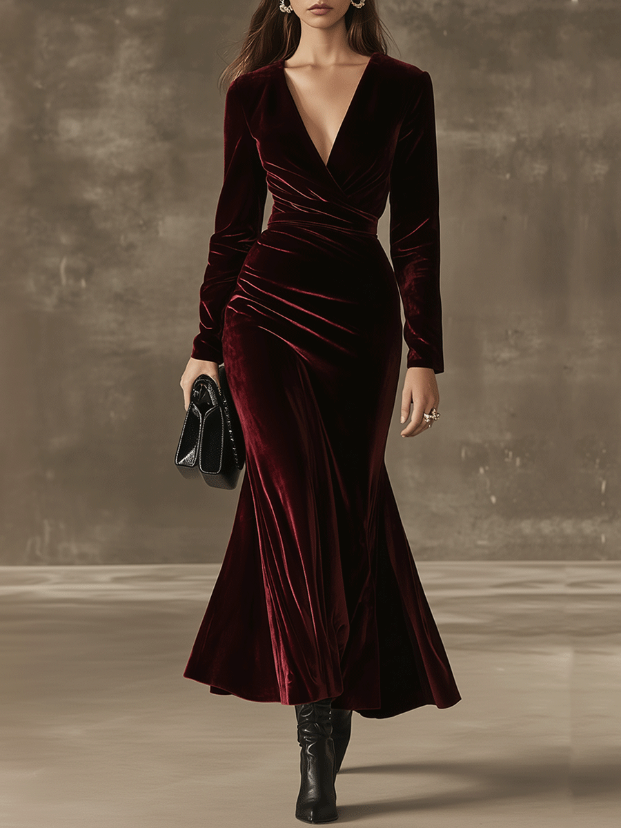 Elegance Burgundy Velvet Wrap Maxi Dress