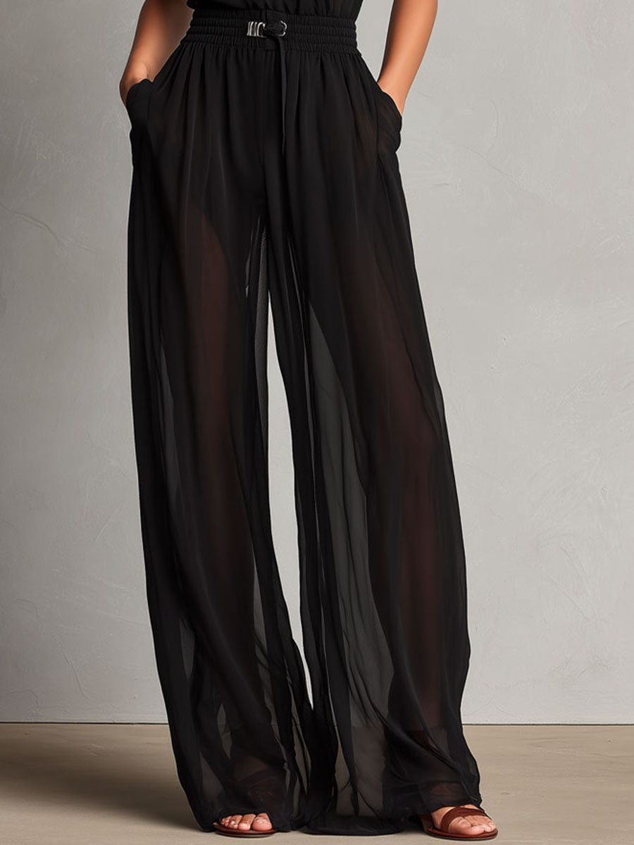 Elegant High Neck Black Sheer Halter Wide-Leg Jumpsuit