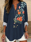 Flower Embroidery Pattern Linen Ladies Long-Sleeved Shirt
