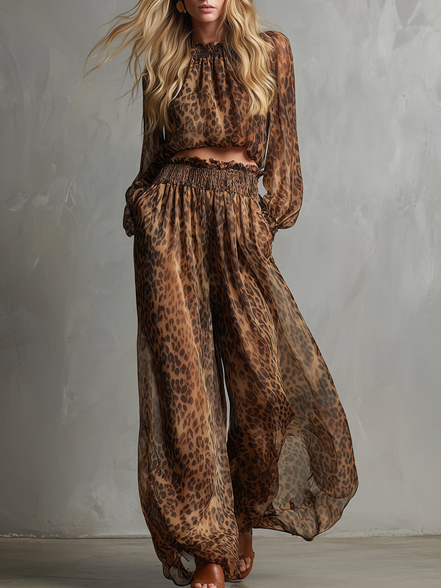 Urban Brown Leopard Print T-shirt And Wide-leg Pants Set