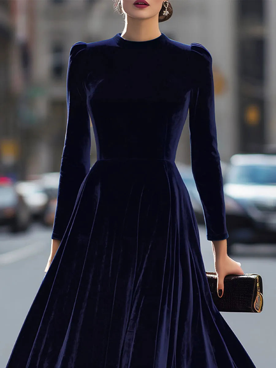 Luxurious   Velvet Long-Sleeve Midi Dress