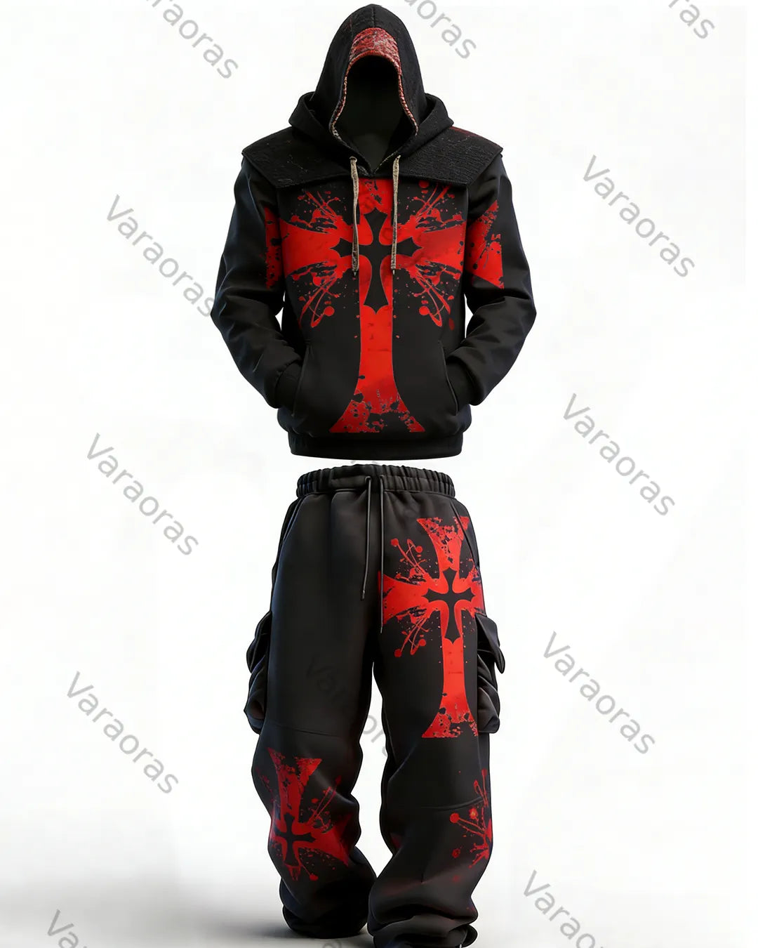 Men's Fashion Color-Block Embroidered Hoodie and Pants Two-Piece Set 7110