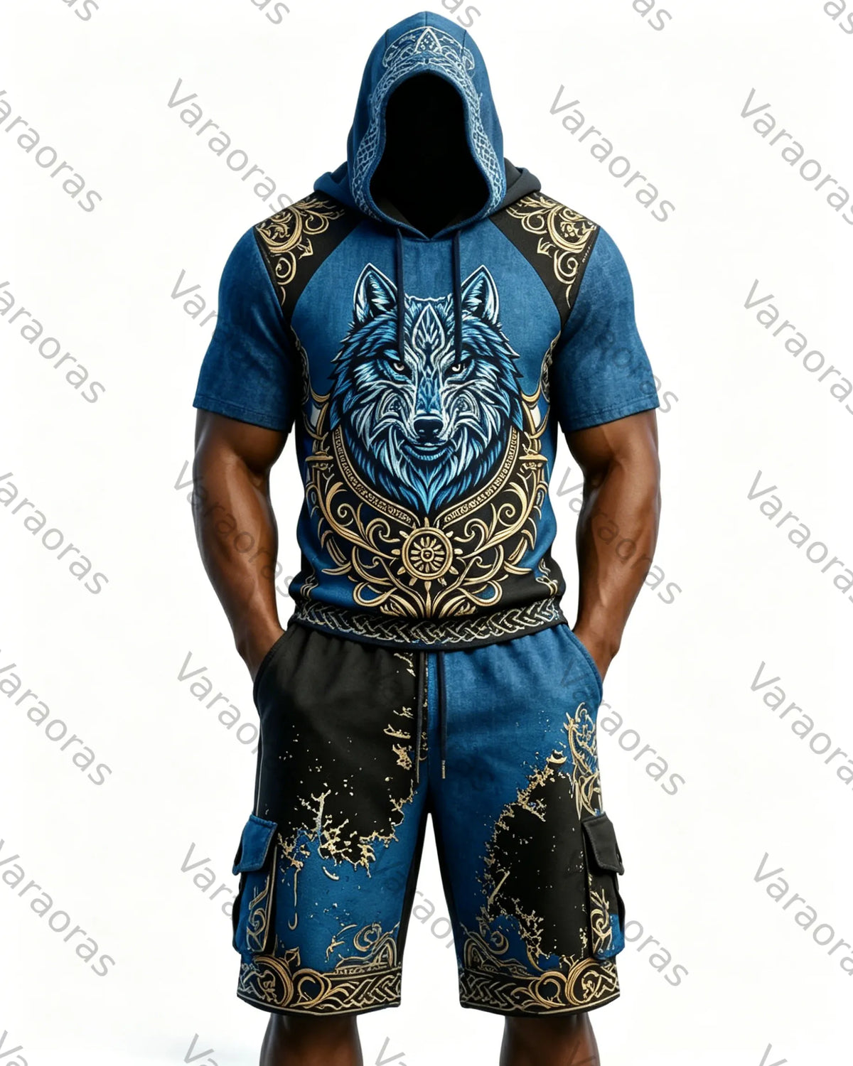 Men's Fashion Viking Contrast Color Wolf Embroidered Hoodie & Pants Two-Piece Set 2222