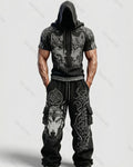 Men's Fashion Viking Contrast Color Embroidered Hoodie & Pants Two-Piece Set 7265