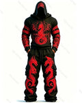 Men's Fashion Contrast Colo Red Dragonr Embroidered Hoodie & Pants Two-Piece Set 4050