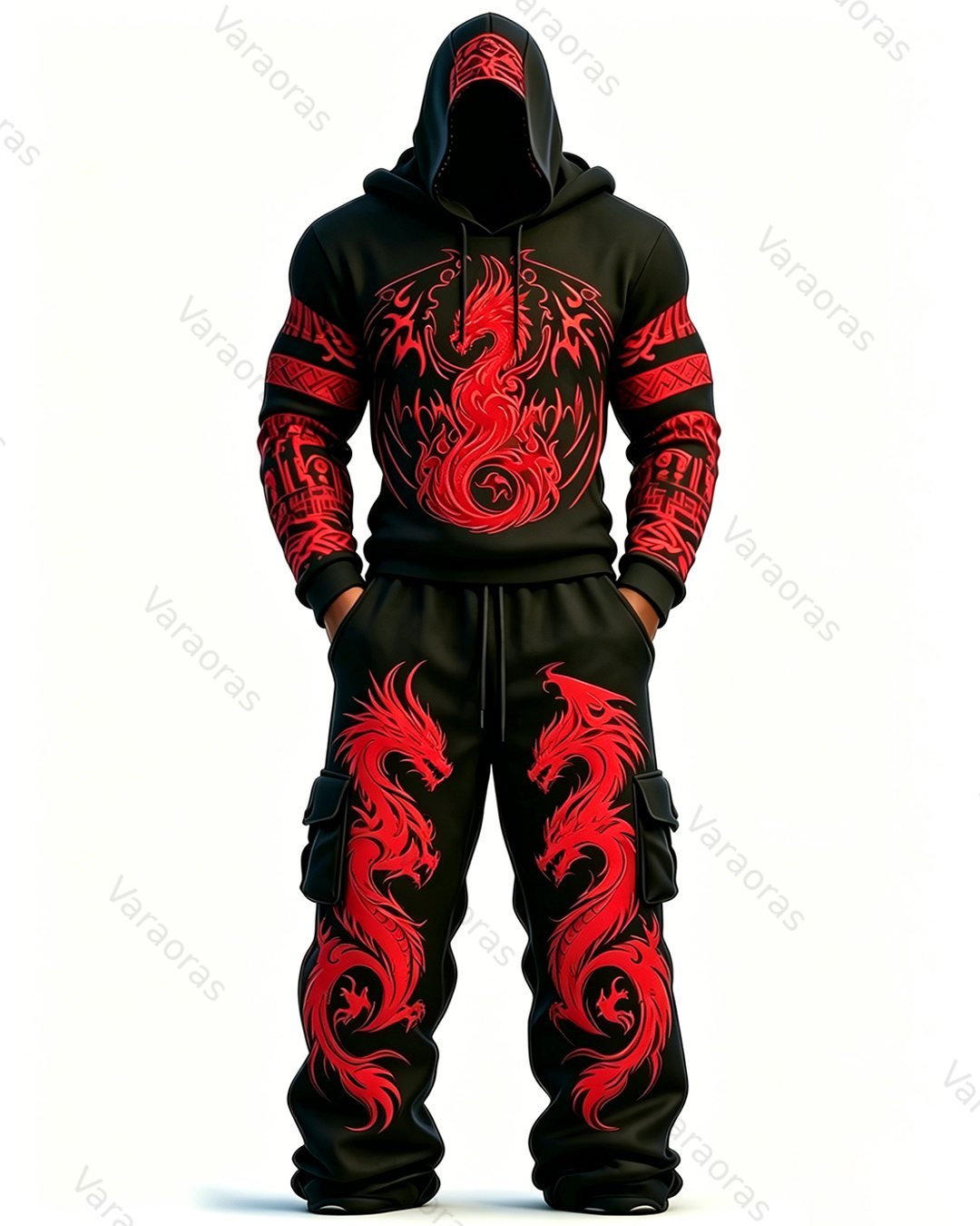 Men's Fashion Contrast Colo Red Dragonr Embroidered Hoodie & Pants Two-Piece Set 4050