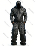 (Short Set) Men's Spring Viking Embroidered Hoodie and Pants Two-Piece Set   1901