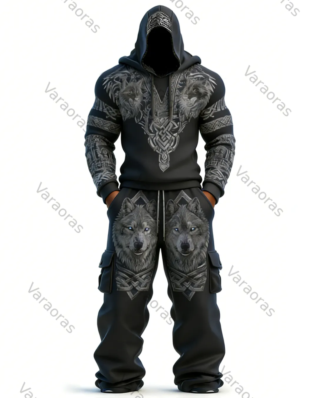 (Short Set) Men's Spring Viking Embroidered Hoodie and Pants Two-Piece Set   1901