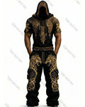 Men's Fashion Viking Contrast Color Embroidered Hoodie & Pants Two-Piece Set 4442