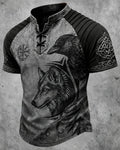 Men's Viking Wolf and Raven Print Short-Sleeve Henley T-Shirt 6456