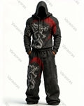 Men's Fashion Contrast Colo Wolf Embroidered Hoodie & Pants Two-Piece Set 1470