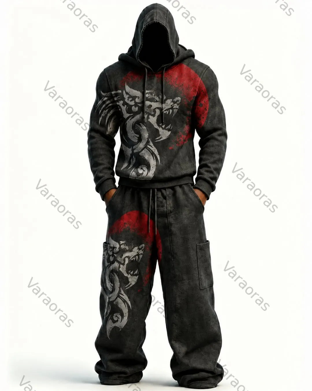 Men's Fashion Contrast Colo Wolf Embroidered Hoodie & Pants Two-Piece Set 1470