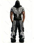 Men's Fashion Viking Contrast Color Embroidered Hoodie & Pants Two-Piece Set 4017