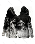 Men's Retro Fashion Viking Wolf Print Cotton Linen Hooded Zip-Up Jacket  6175