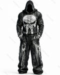 Men's Fashion Skull Contrast Color Embroidered Hoodie & Pants Two-Piece Set 7105