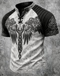Men's Viking Knot Feather Print Short-Sleeve Henley T-Shirt 6937