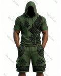 Men's Viking Contrast Color Embroidered Short-Sleeve Hoodie & Shorts Two-Piece Set 1797