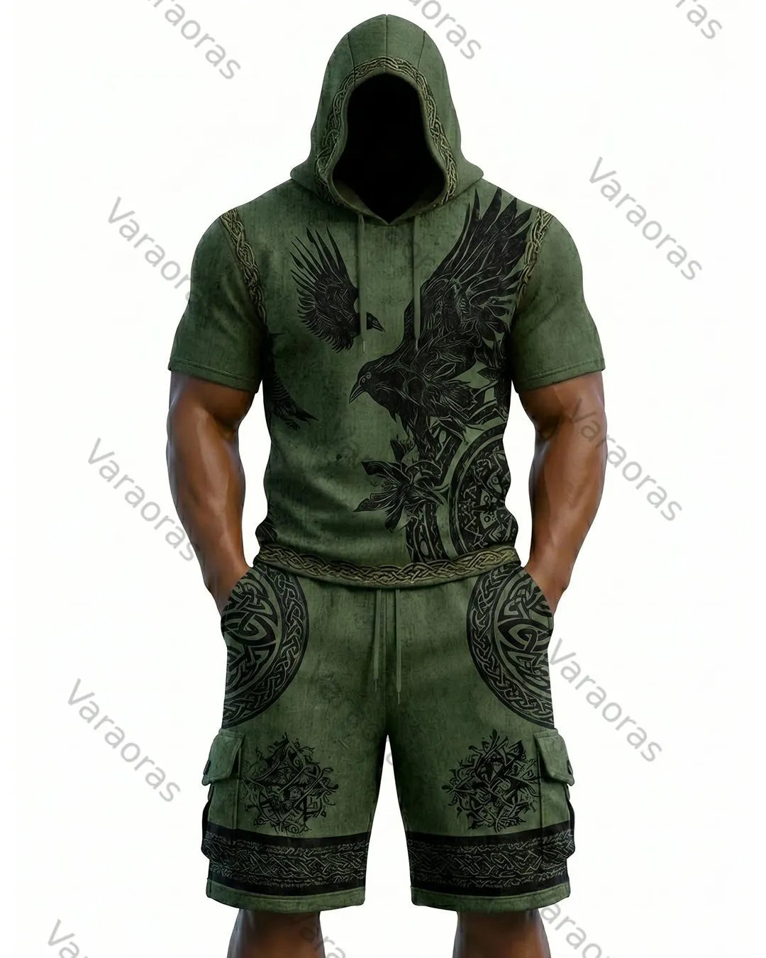 Men's Viking Contrast Color Embroidered Short-Sleeve Hoodie & Shorts Two-Piece Set 1797